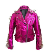Pink Heavy Metal Studded Jacket – Women’s Punk Rock Leather with Long Silver Spikes, Custom Brando Moto Fit